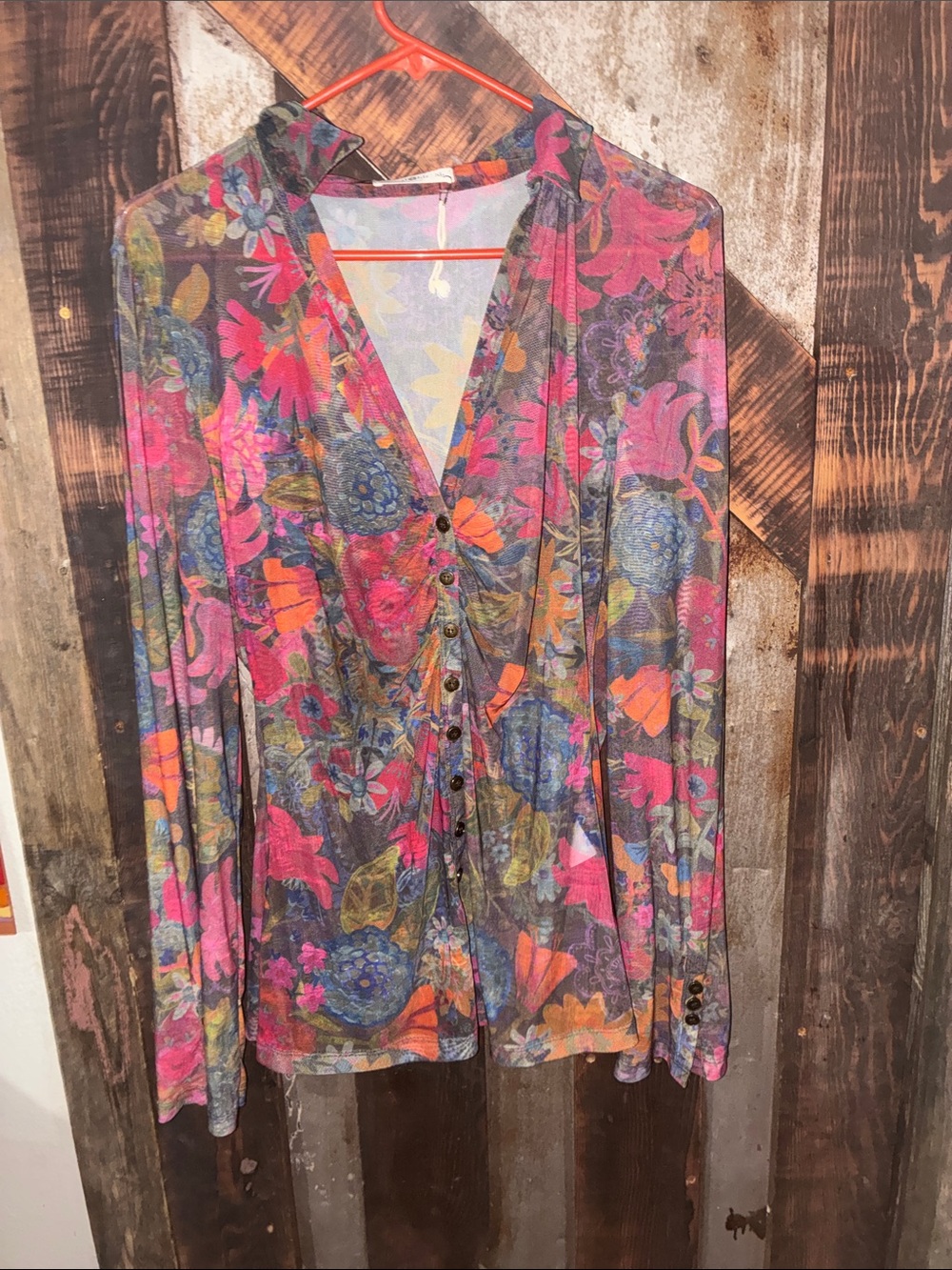 NATURAL LIFE Pink Orange Blue Floral Button-Front Long Sleeve Blouse